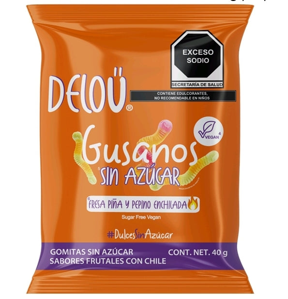 Gusanos frutales con chile  Veganos sin azúcar de 40g marca Delou
